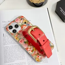 スマホケース iPhone対応 フレンチ風 油絵風 花柄 オレンジ系 本革 リストストラップ付き 真鍮金具 フルカバー
