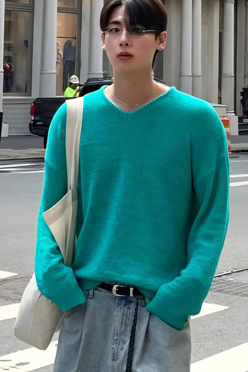 Vネックニット長袖Tシャツ【男性用・ゆったりフィット・防紫外線・通気性抜群】