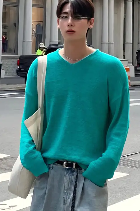 Vネックニット長袖Tシャツ【男性用・ゆったりフィット・防紫外線・通気性抜群】