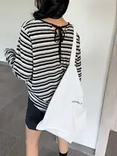 レースリボンストライプ長袖Tシャツ【ゆったりしたデザイン・カジュアル・春用】