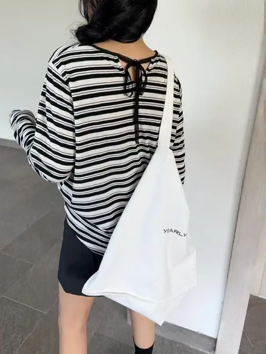 レースリボンストライプ長袖Tシャツ【ゆったりしたデザイン・カジュアル・春用】