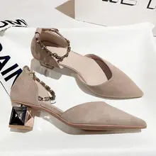 カーキ色のレトロスエードコンフォートサンダル【尖ったトゥ・メッシュ・太ヒール】