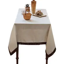 俳風デザインの麻製フリンジテーブルクロス【カキ色・チョコレート色・禅スタイル】