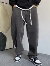 ブラックグレーの水洗い復古デニムパンツ【メンズ・ストレート・・ウエスト紐】