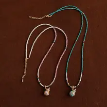 現代中式エナメル滴釉のピンク瓢箪と真珠のロングネックレス【天然石ビーズ・鎖骨にフィット】