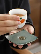 中式緑釉陶器製コースター【四角形・保温・茶器用・収納可能】（セットアップ対応）