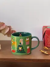 レトログリーンのクリスマス陶器マグカップ【大容量・蓋付き・家庭用・オフィス用】