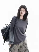 小球デザインのアメリカンスタイル偽二重Tシャツ【女性用・夏・ルーズフィット・カップル対応・長袖】（セットアップ対応）