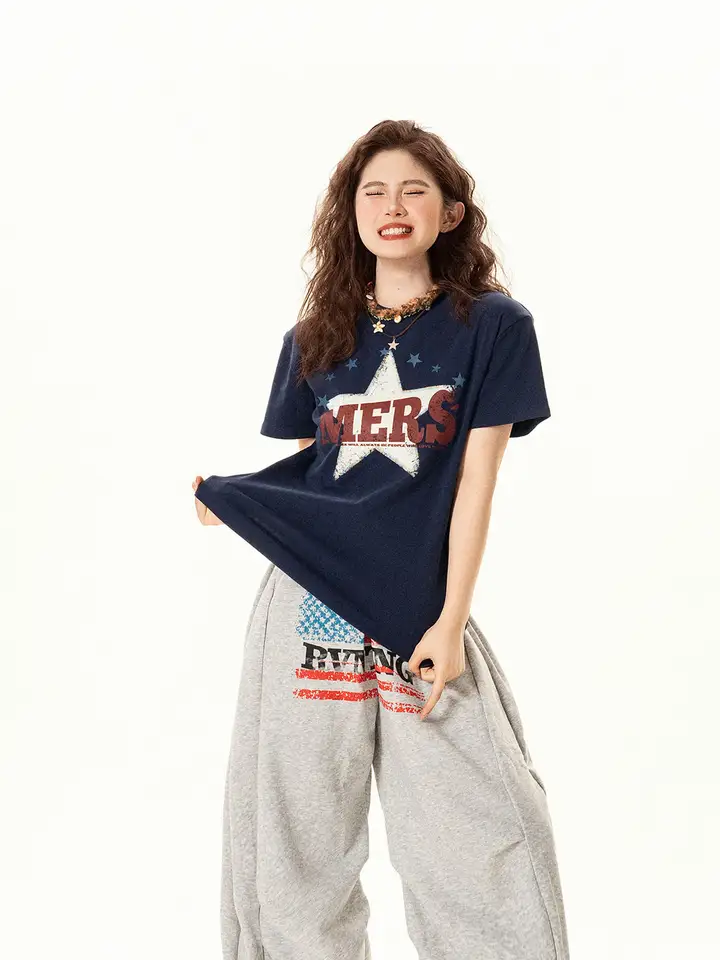 アメリカンヴィンテージ風星柄プリントのショートスリーブTシャツ【レディース・夏用・スリムフィット】