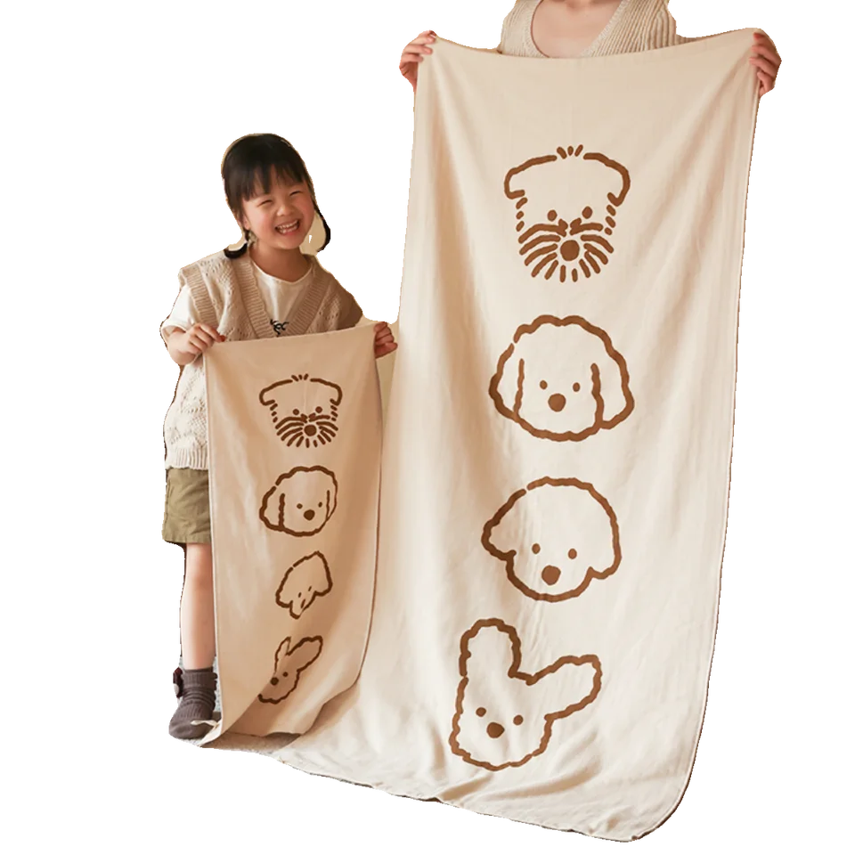 純綿製 柔らかい手描きの犬デザイン フェイスタオル【赤ちゃん用・吸水性・肌に優しい】