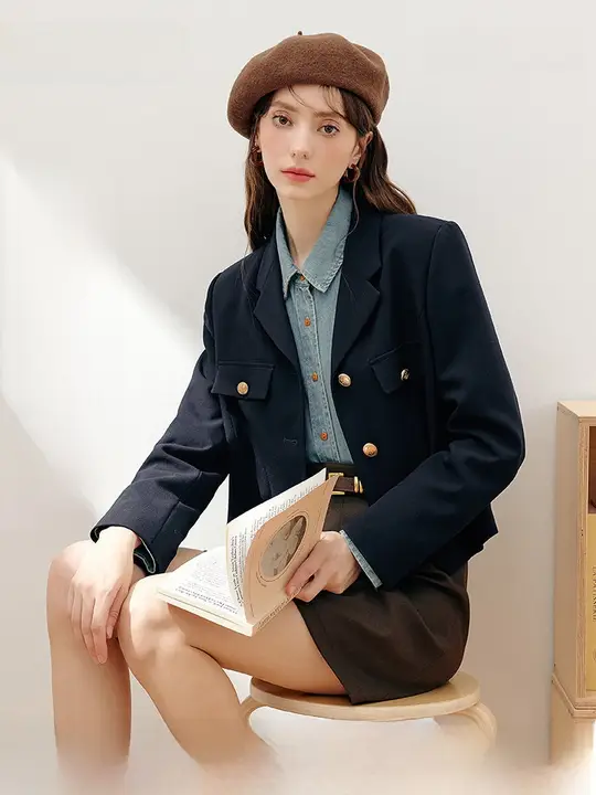 ダークブルーの長袖ショートジャケット【カジュアルスタイル・学院風】