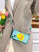 かわいい小黄鸭デザインのスマートフォンケース【全包タイプ・ハンドストラップ付き・多機種対応】