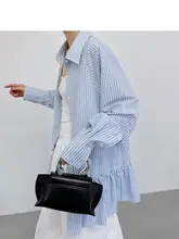 フランス風ブルー縞模様の薄手長袖シャツ【秋用・レディース】