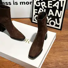 レディース 冬用太ヒールショートブーツ【スクエアトゥ・カラーブラウン・ストレッチスエード】