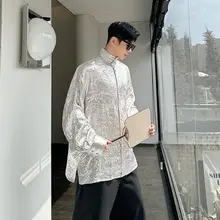 シャツ メンズ チャイナテイスト クレープ加工 スタンドカラー チャイナボタン シルバー
