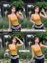 夏にぴったりの薄手ニット半袖Tシャツ【方形ネック・フィット感・イエロー】