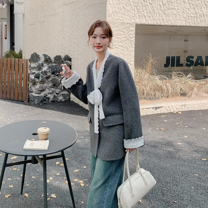 グレー レース付きリボン ダブルフェイスコート【女性用・カジュアル・冬向け】