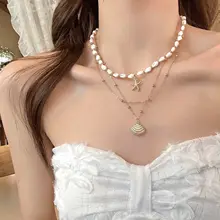 多層貝殻ビーズネックレス【ゴールド・女性用・ビーチリゾートアクセサリー】