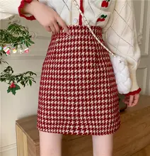 秋冬用 高腰の赤いチェックミニスカート【包臀デザイン・Aライン・大きいサイズ対応】