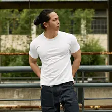白色純綿半袖Tシャツ【ラウンドネック・ストレッチ・メンズ】