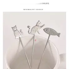 カラー付きステンレス製 コーヒースプーン【創意デザイン・魚と猫の形・デザート用】
