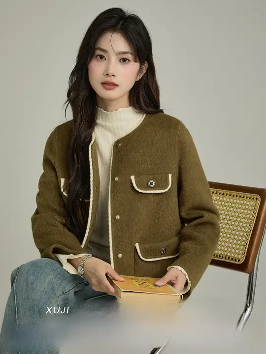 グリーンのラウンドネックショートダブルフェイスカシミヤコート【冬用・保温・ゆったり】