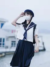 セーラー服 レディース 半袖 紺色 白二本襟 胸当て付き 定番 セットアップ