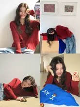 春季用 レッド 長袖 ニットカーディガン【ゆったりシルエット・女性用・トレンドデザイン】