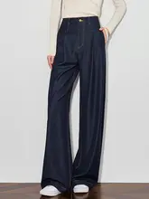 高身長対応 ドレープ感のあるストレッチデニムパンツ【ウエストハイ・ワイドレッグ・柔らかな風合い】（セットアップ対応）