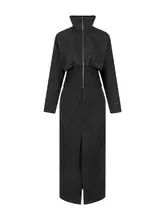 ストライプデザインのフィット＆フレアドレス【スリット入り・女性用・スリム効果】（セットアップ対応）