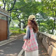 大容量リボンチェック柄キャンバストートバッグ【両面使用・通勤用・女性用】