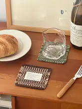 レトロな麻混素材の編み杯マット【正方形・テーブル用・コーヒー・水用】