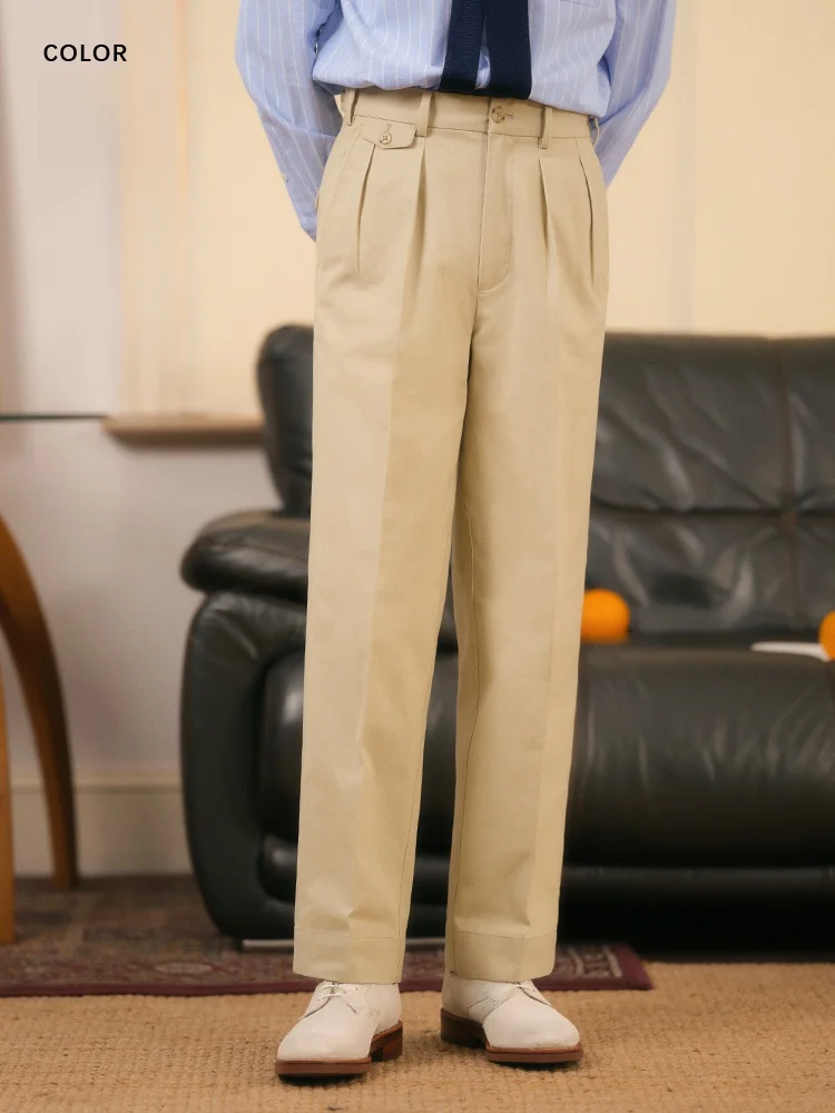 高腰ツータックチノパンツ：秋冬季のカジュアルスタイルに最適な厚手棉布パンツ