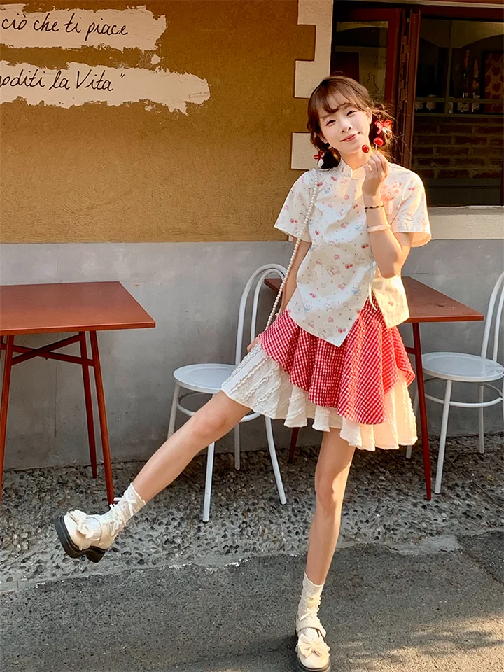 小犬プリントの夏用短袖トップスとスカート【新中式・フレッシュデザイン】（セットアップ対応）