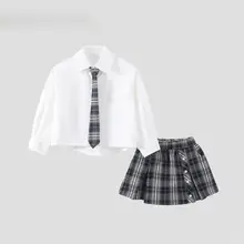 秋春用 女の子用学院風シャツとチェック柄スカートの2点セット（セットアップ対応）