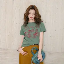 リゾート風デザインのショートTシャツ【ココヤシプリント・上質なカジュアル・ラウンドネック・短袖】