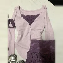 レースデザインの紫色ワンピース【春夏用・気品あるスタイル・ショートスカート・セットアップ対応】