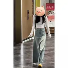 美しいデザイン！ウォッシュブルーデニム Aラインスカート【ハイウエスト・フリンジ付き】