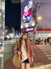 レディース赤いチェック柄シャツ【夏用・フィット・薄手・カーディガンスタイル】（セットアップ対応）