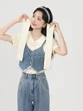 3点セット レディース ニット デニムベスト ワイドパンツ 秋