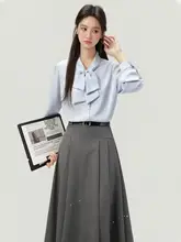 セットアップ レディース 長袖 ブラウス 蝶結び ブルー グレー スカート オフィスカジュアル 面接 フォーマル 秋 夏