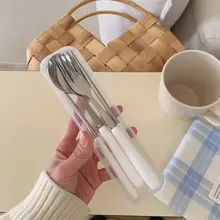 シンプルで便利な携帯用箸とスプーンの三点セット【ステンレス・陶器ハンドル・学生・旅行用】（セットアップ対応）