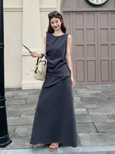 グレーの韓国風ルーズフィットトップスとスカート【不規則デザイン・シンプル・夏用】（セットアップ対応）