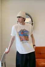 メンズ 半袖Tシャツ【白・ラウンドネック・ビンテージ風・風景プリント・ゆったり】