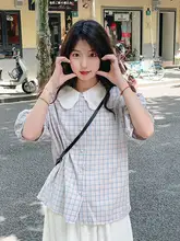 レース付き ドールカラー チェック柄 半袖ブラウス【女性用・パフスリーブ・夏向け】