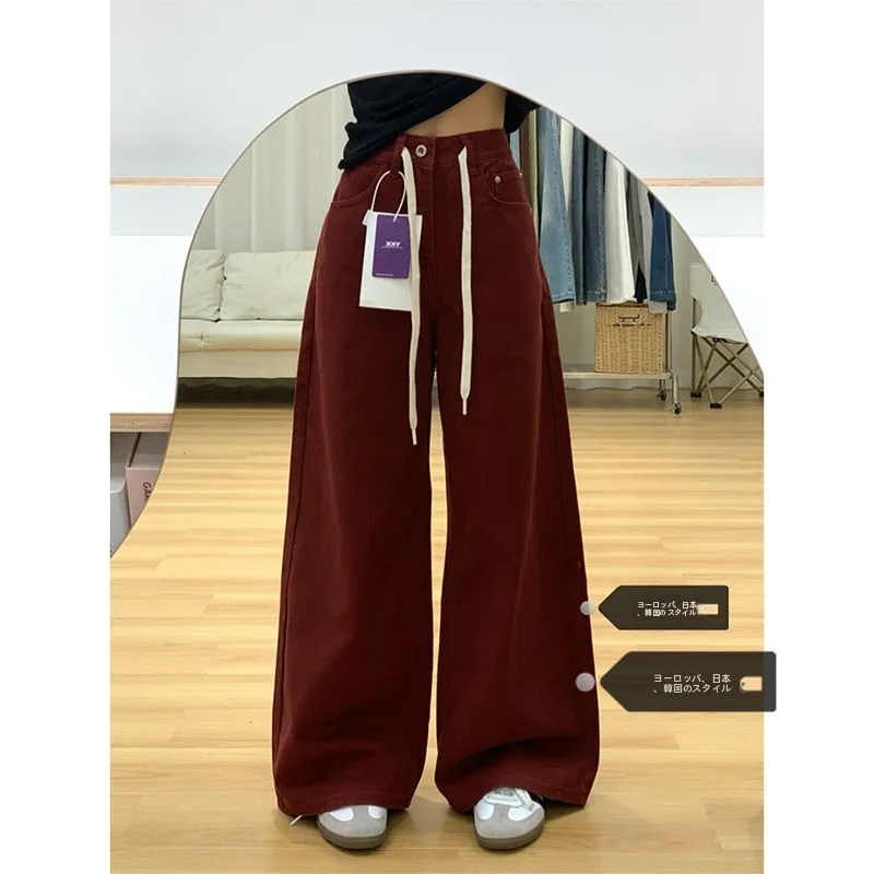 広めのハイウエストワイドレッグデニムパンツ：夏用・レッドカラーのフィット感とセットアップ対応
