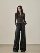 秋冬用 レディース ブラックレザーパンツ【高腰・ワイドレッグ・スリムシルエット】