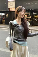 ポロ襟長袖ニットトップス【春用・カラーブロック・フィットデザイン】