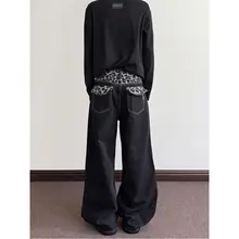 ヒョウ柄ウエストパッチワークのワイドレッグデニムパンツ【ブラック・ストレート・微フレア】