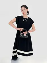 高級感あるカラー切替デザインの中長丈ワンピース【ラウンドネック・夏用】